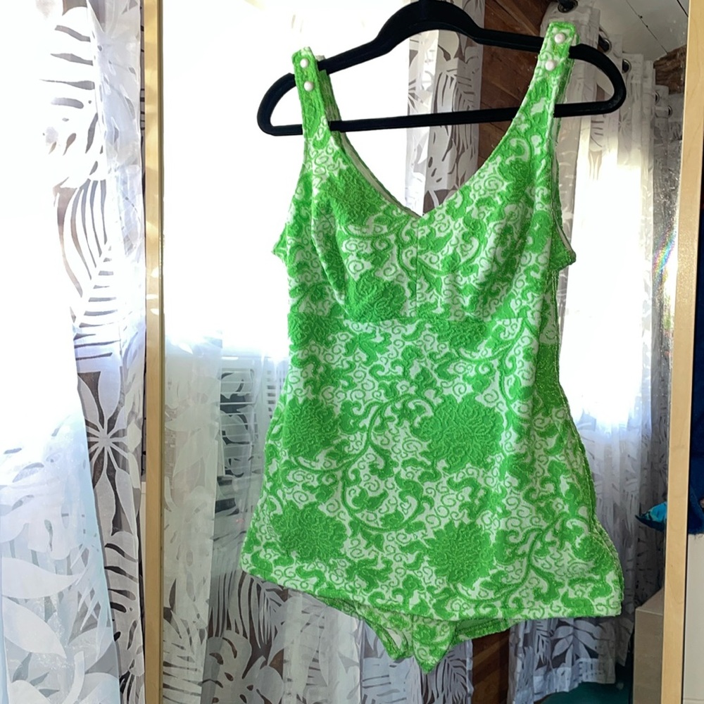 Vintage green swim romper / bodysuit M/L